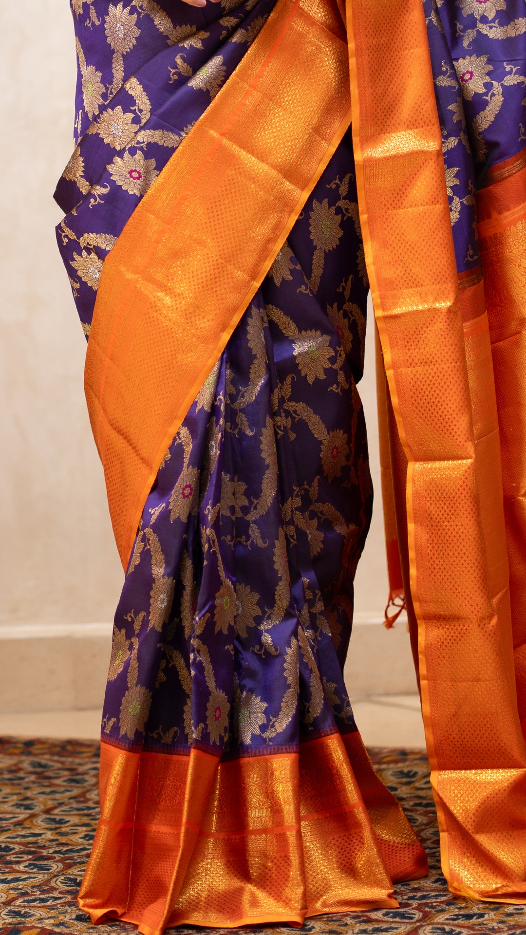 Navy Blue Kanchi Pattu Saree with Orange Zari Border