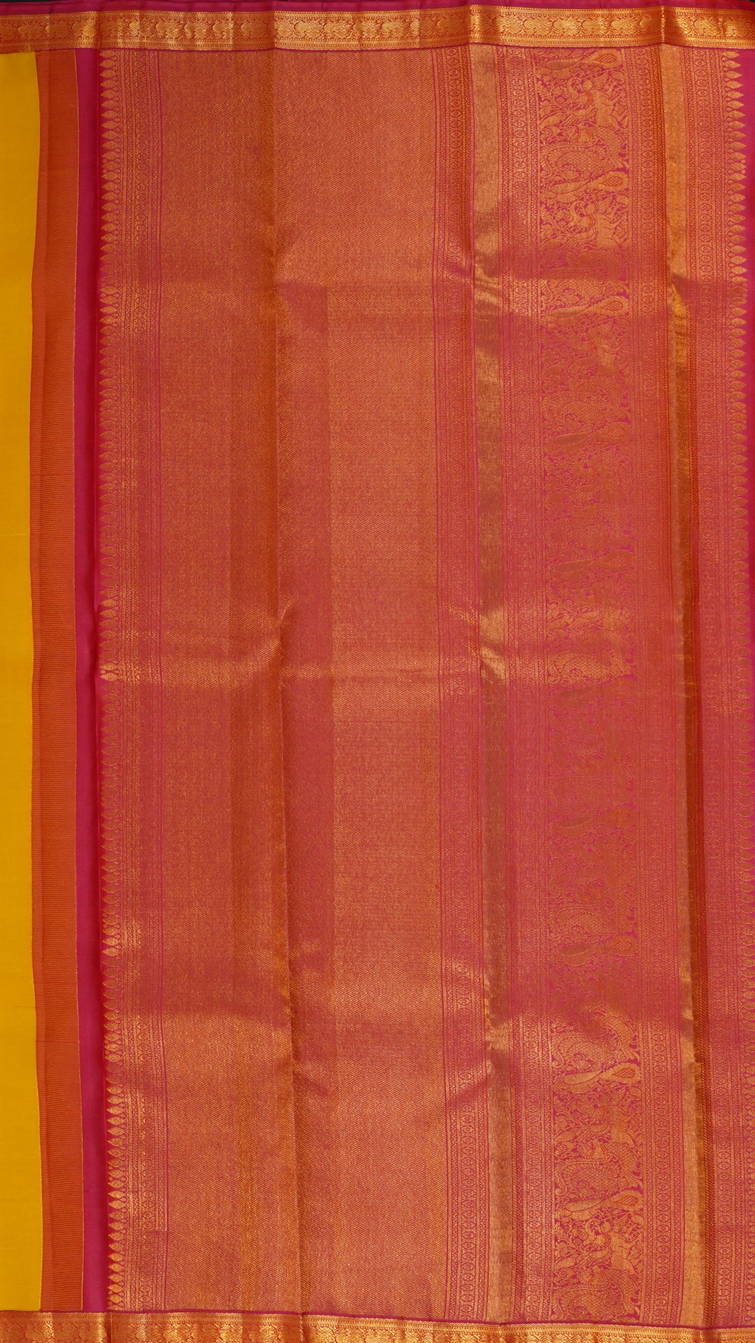 Classic Yellow Kanchi Silk Saree with Pink Contrast Border