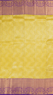 Yellow Kanchi Pattu Silk Saree with Large Gold Contrast Zari Border and Wave Pattern -