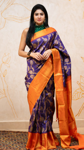 Navy Blue Kanchi Pattu Saree with Orange Zari Border