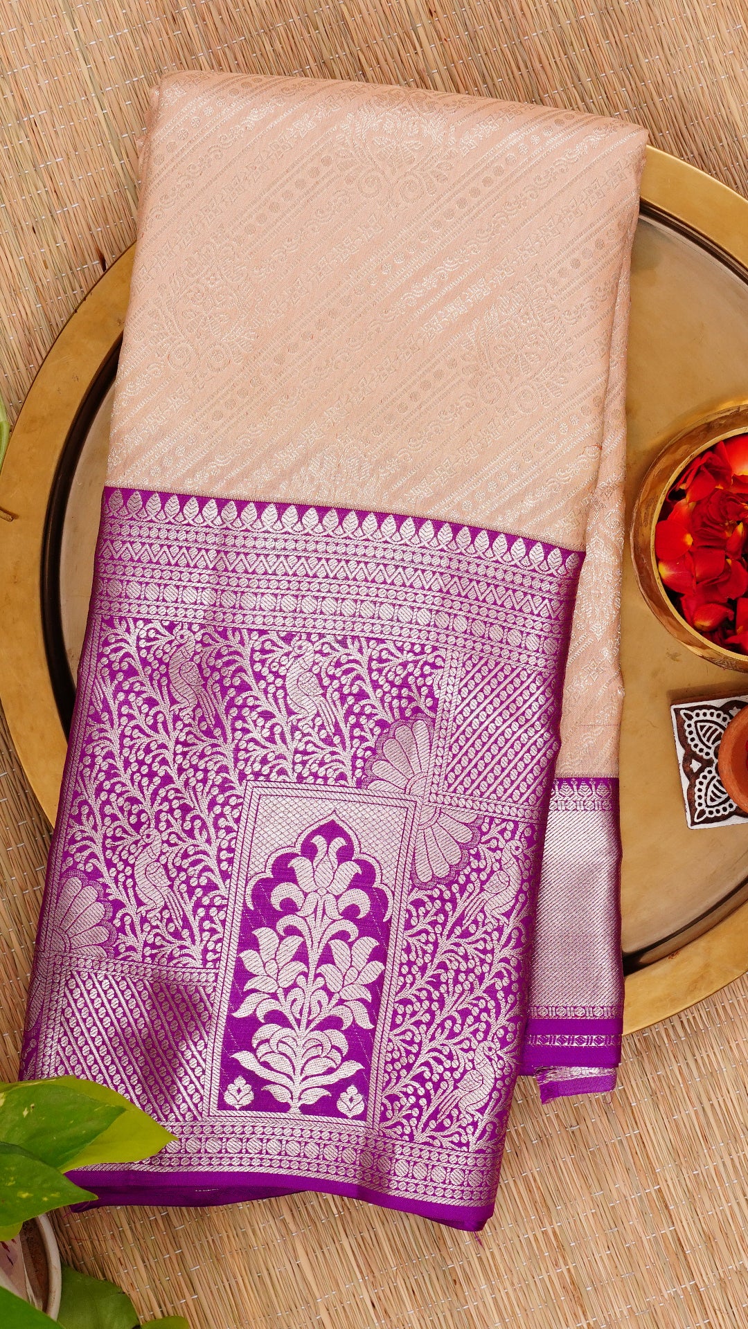 Light Peach and Purple Kanchipuram Silk Saree with Silver Zari | Big Border Traditional Saree