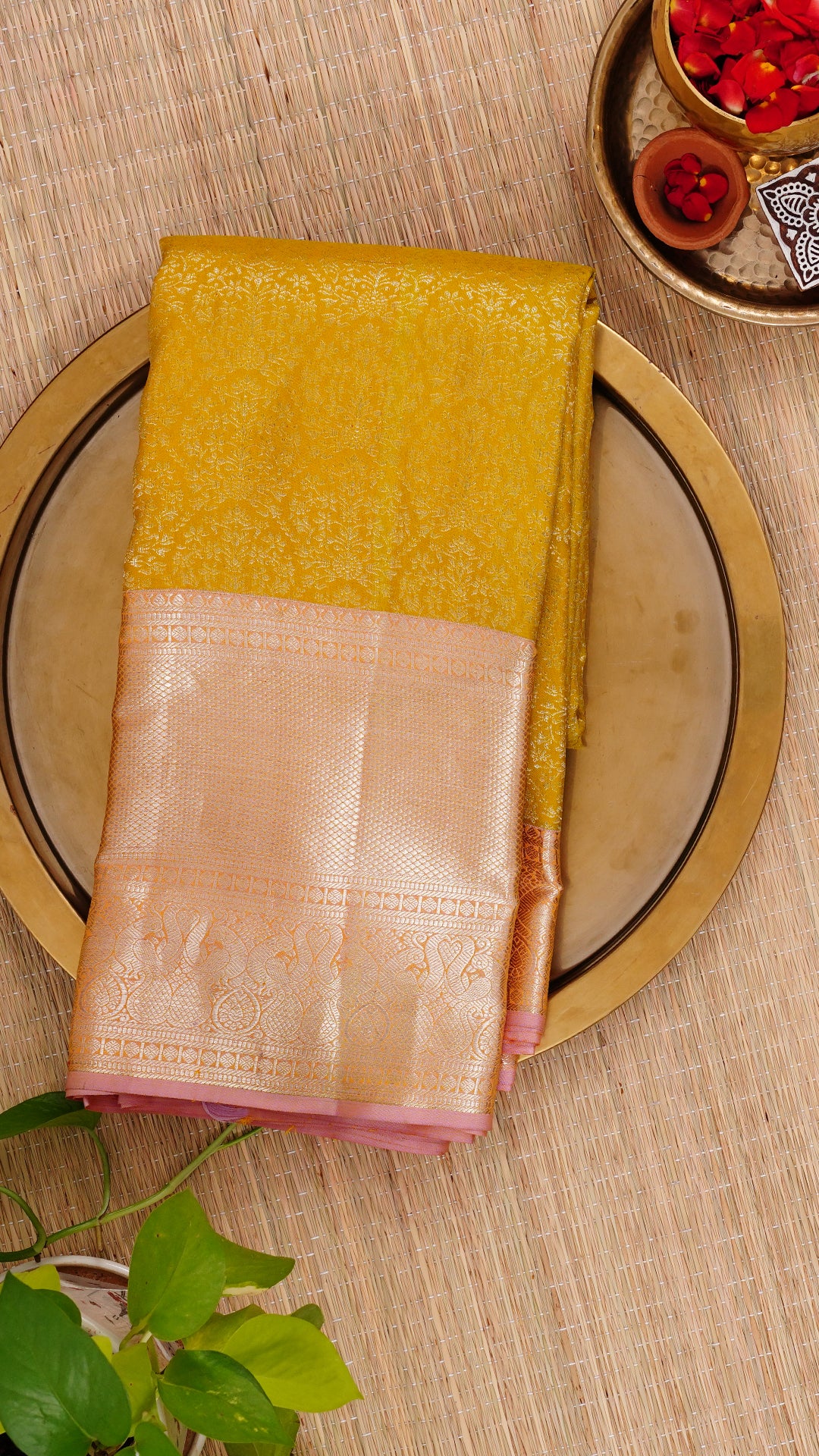 Dark Yellow Kanchipuram Saree with Onion Pink Pallu