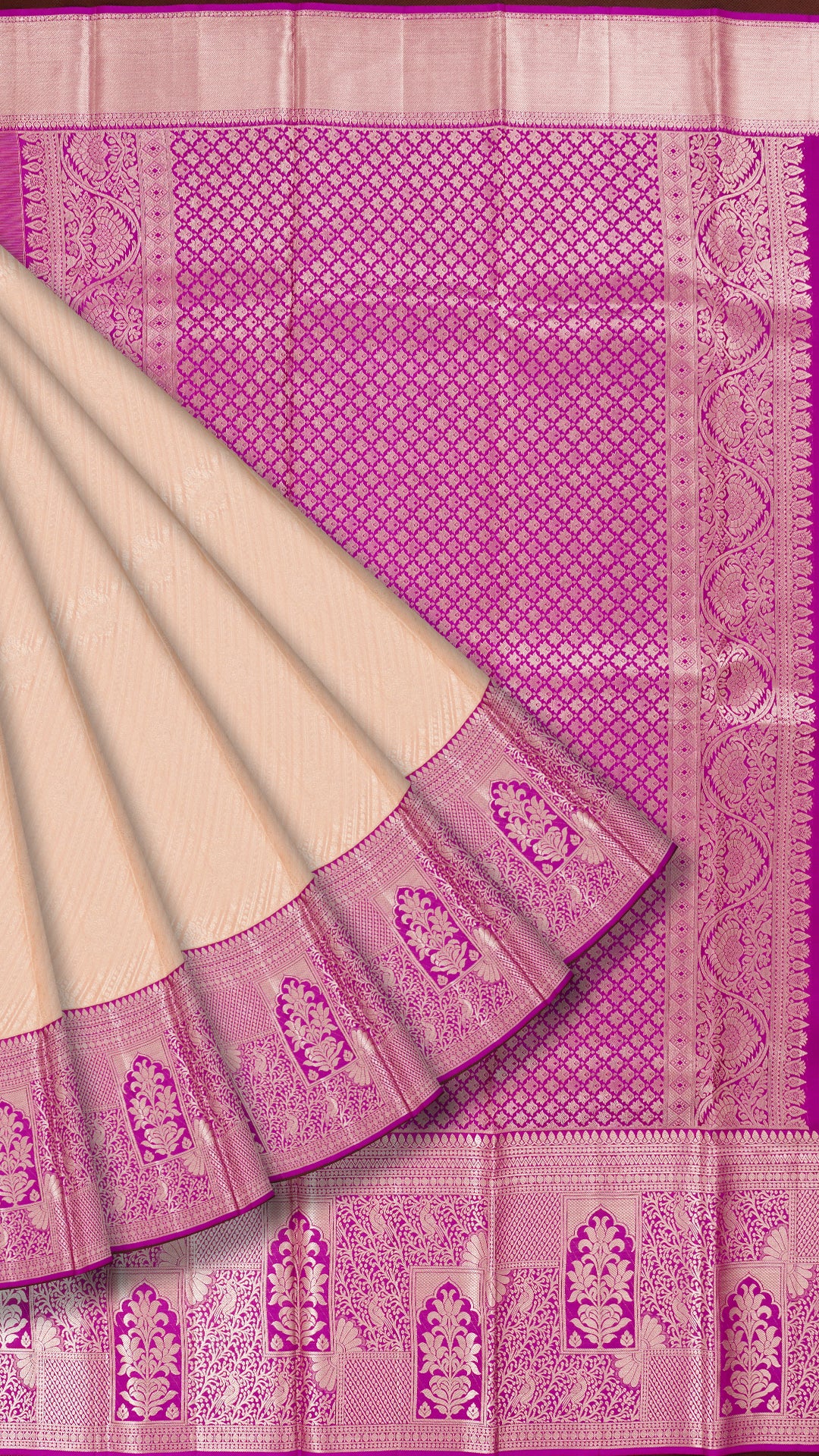 Light Peach and Purple Kanchipuram Silk Saree with Silver Zari | Big Border Traditional Saree
