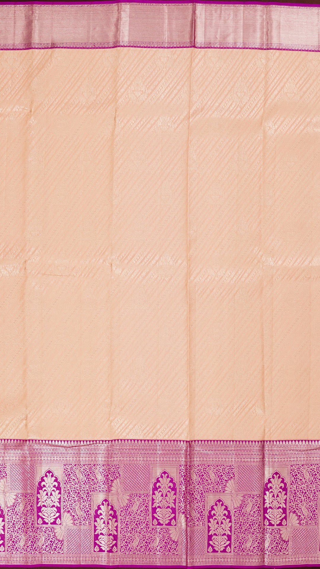 Light Peach and Purple Kanchipuram Silk Saree with Silver Zari | Big Border Traditional Saree