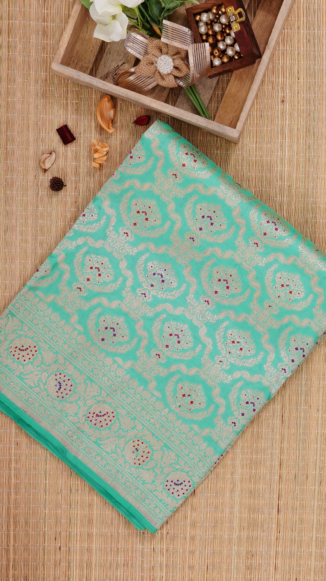 Sea Green Banaras Silk Saree with Zari Border