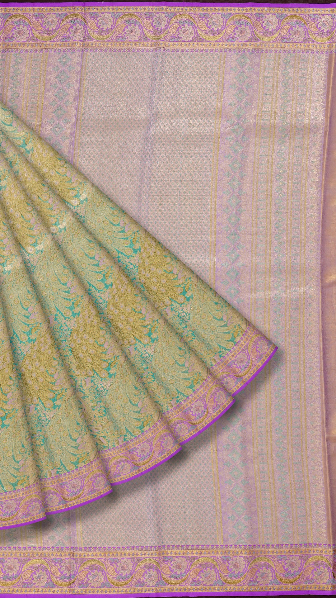 Sea Green Kanchipuram Saree with Pink Zari Border