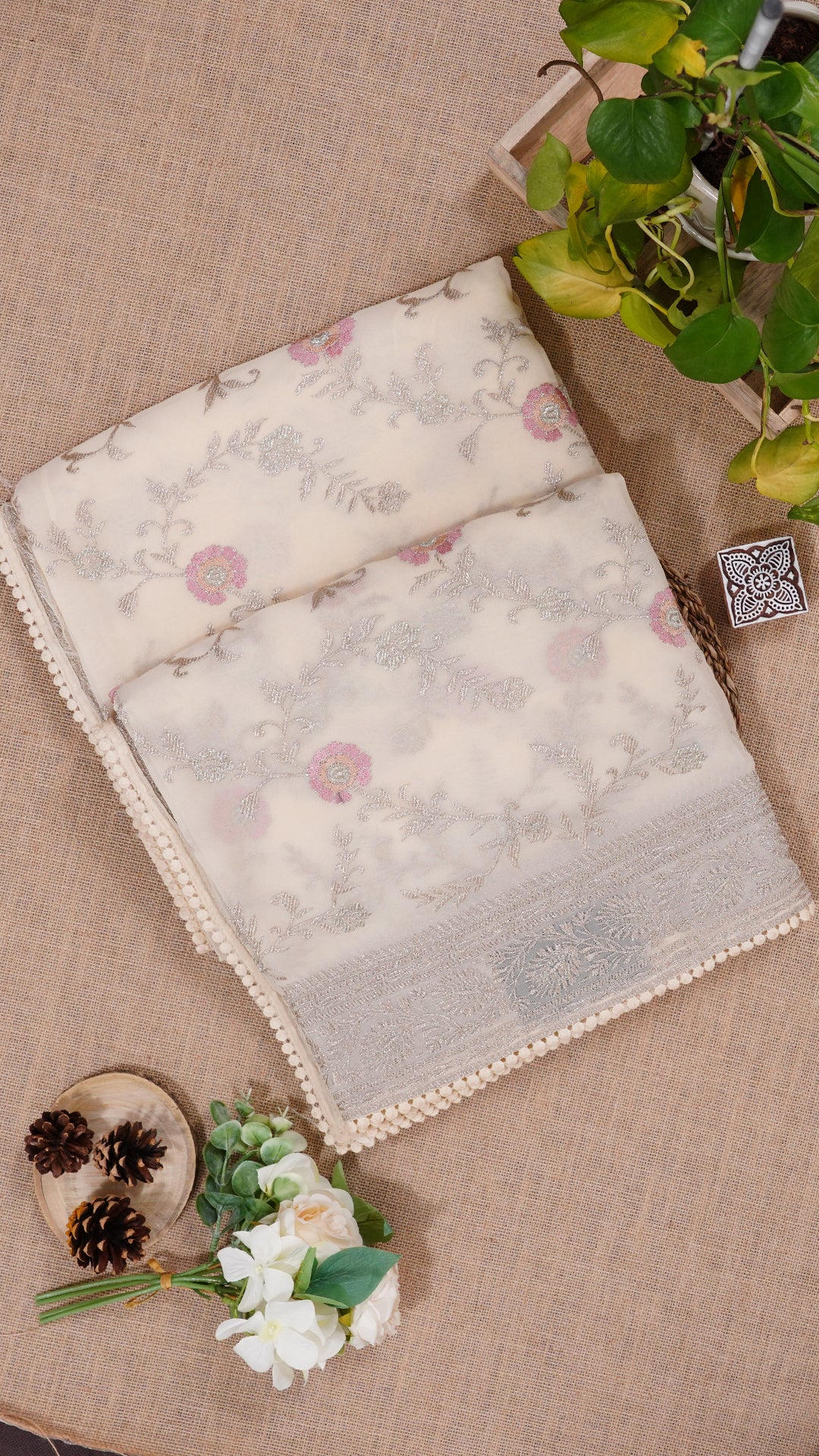 Cream Fancy Silk Saree with Silver Zari Work