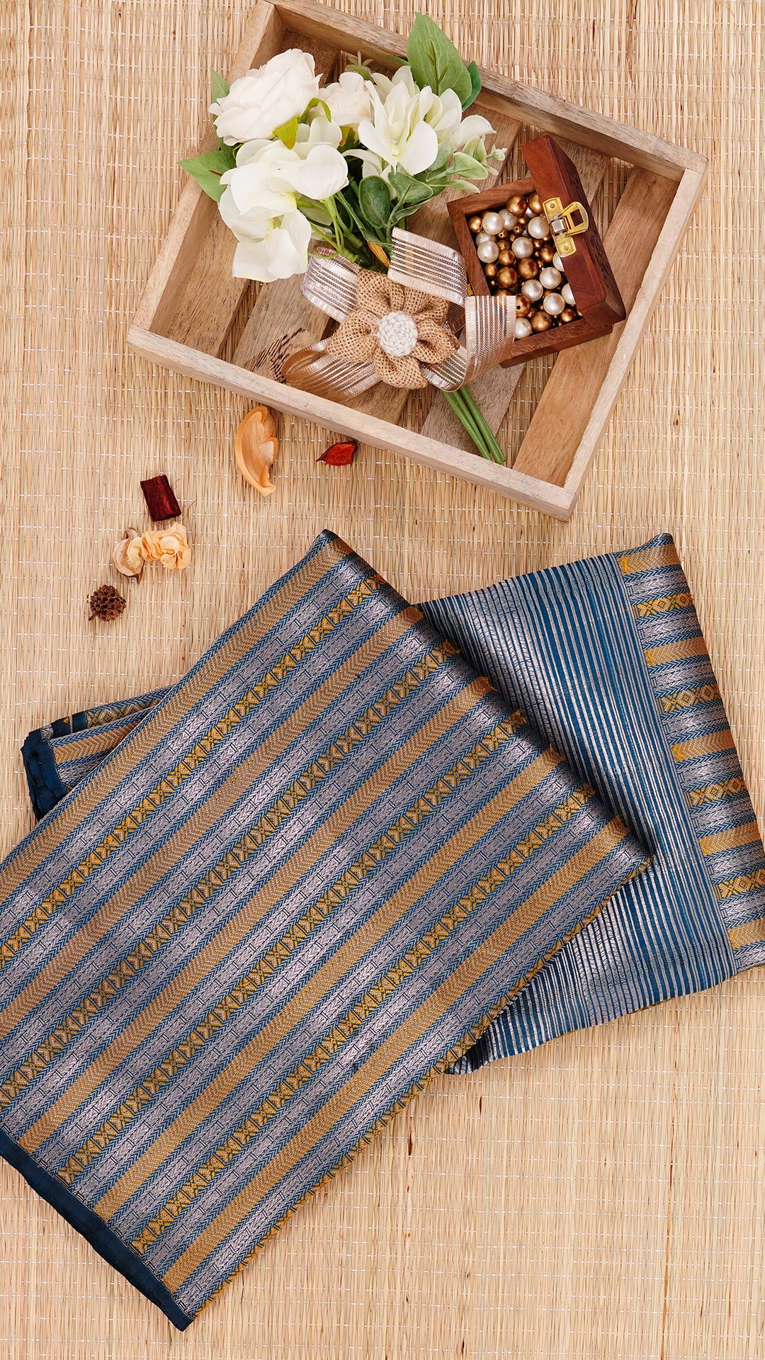 Dark Peacock Blue Banaras Silk Saree without Border