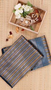 Dark Peacock Blue Banaras Silk Saree without Border