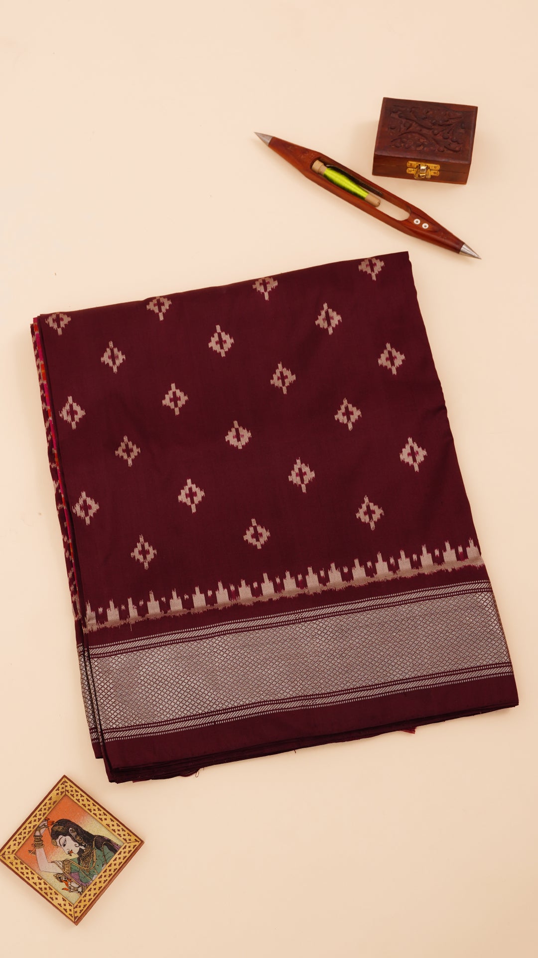 Ikkat Silk Saree with Butta Weave & Silver Border