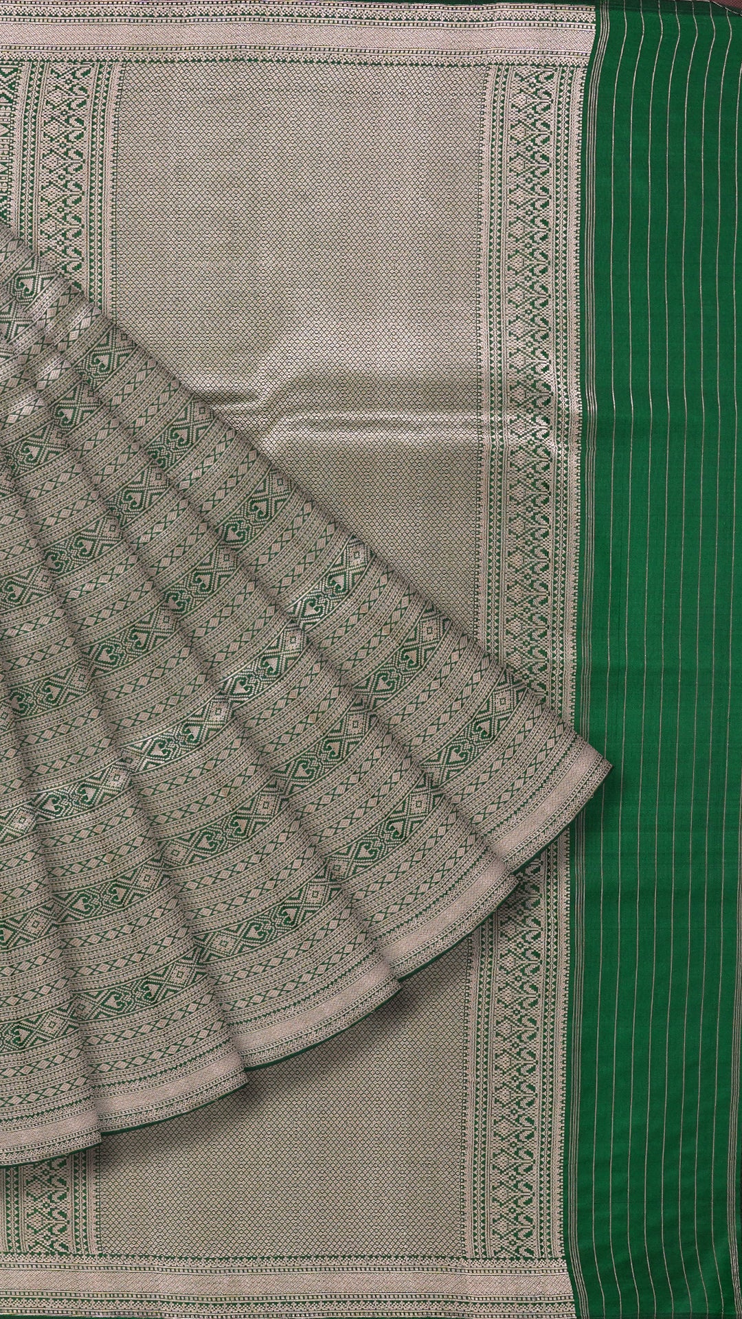 Bottle Green Banaras Saree with Small Silver Zari Border