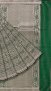 Bottle Green Banaras Saree with Small Silver Zari Border