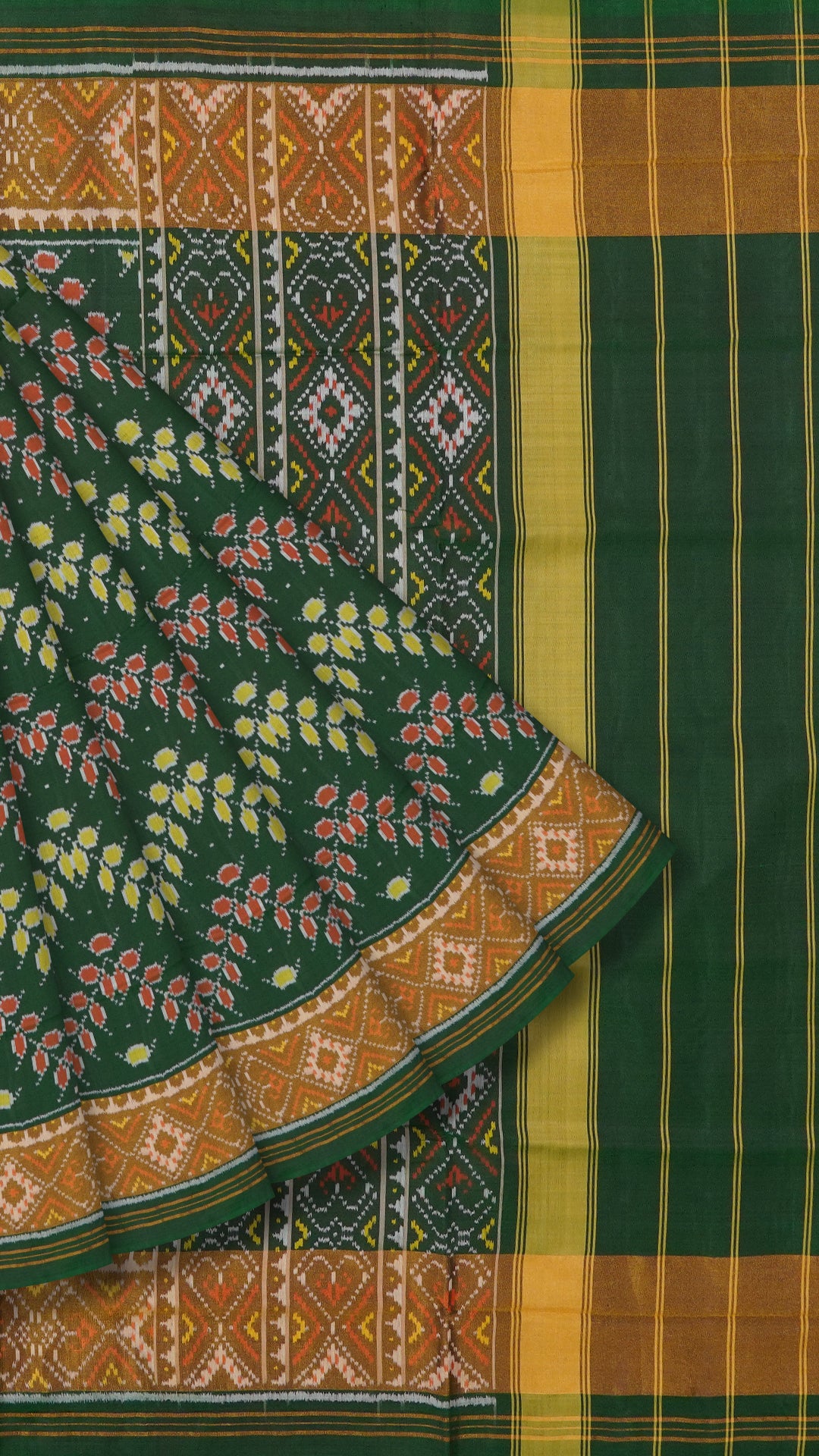Bottle Green Patola Silk Saree with Medium Gold Zigzag Contrast Zari Border