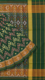 Bottle Green Patola Silk Saree with Medium Gold Zigzag Contrast Zari Border