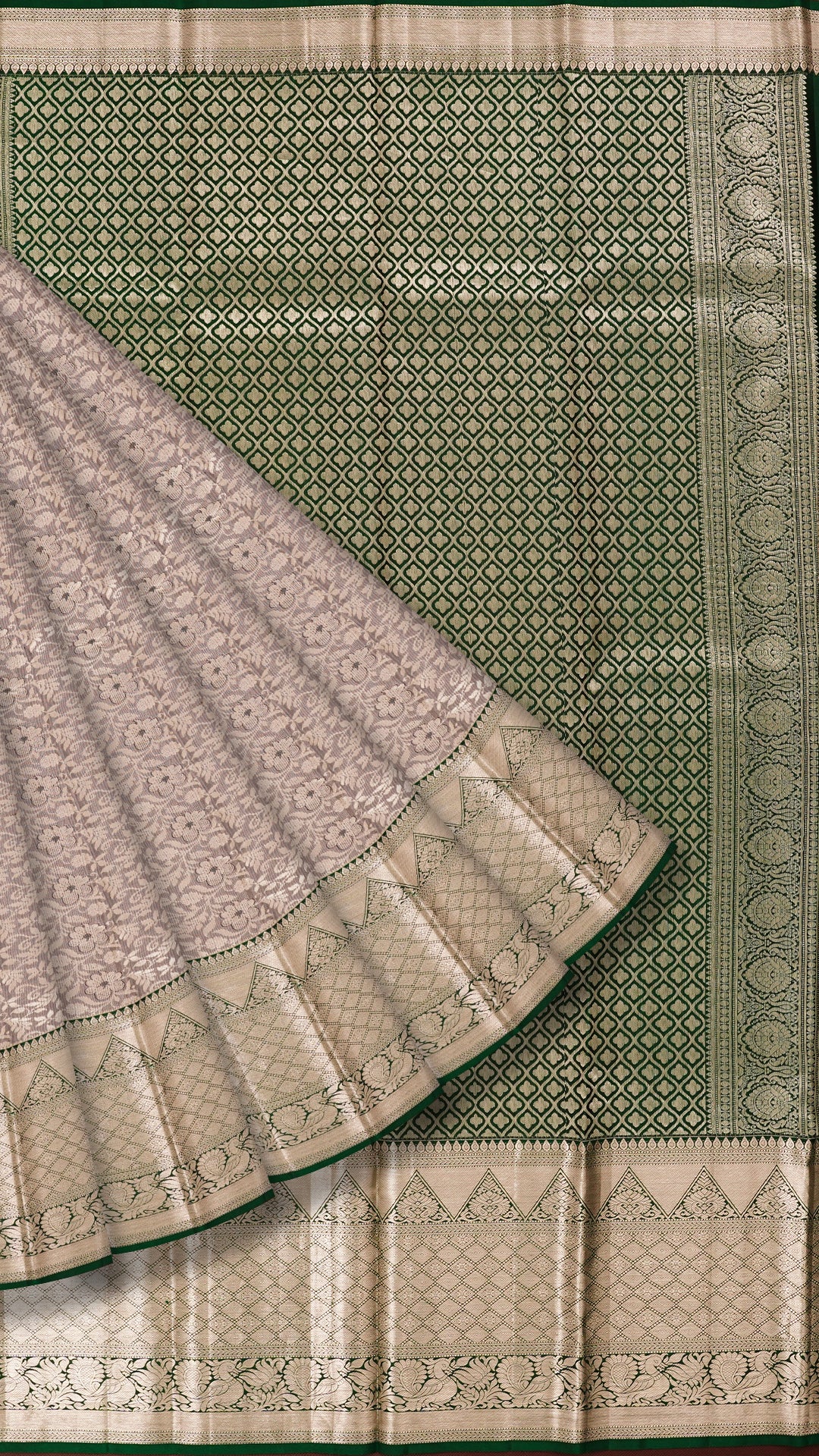 Grey Kanchipuram Saree with Bottle Green Contrast