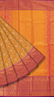 Golden Kanchi Pattu Silk Saree with Silver Zari and Purple Contrast Rich in Tradition