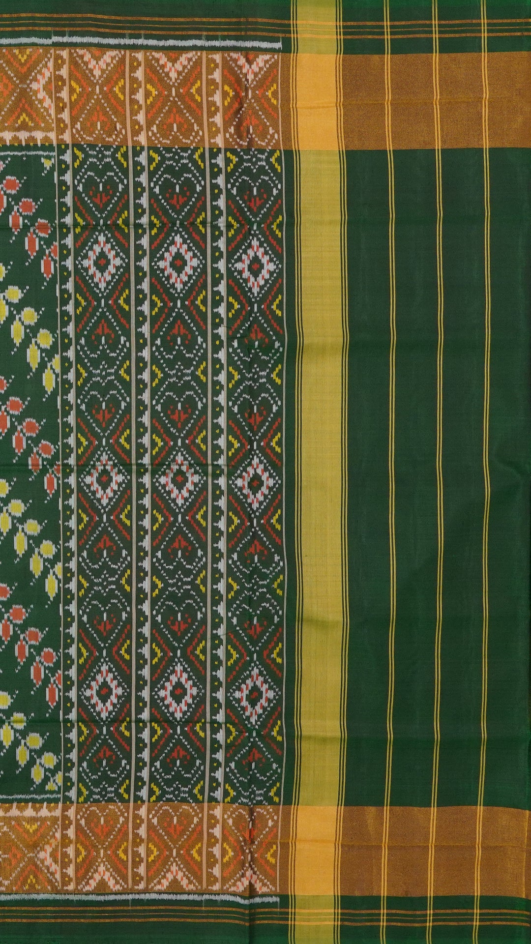 Bottle Green Patola Silk Saree with Medium Gold Zigzag Contrast Zari Border