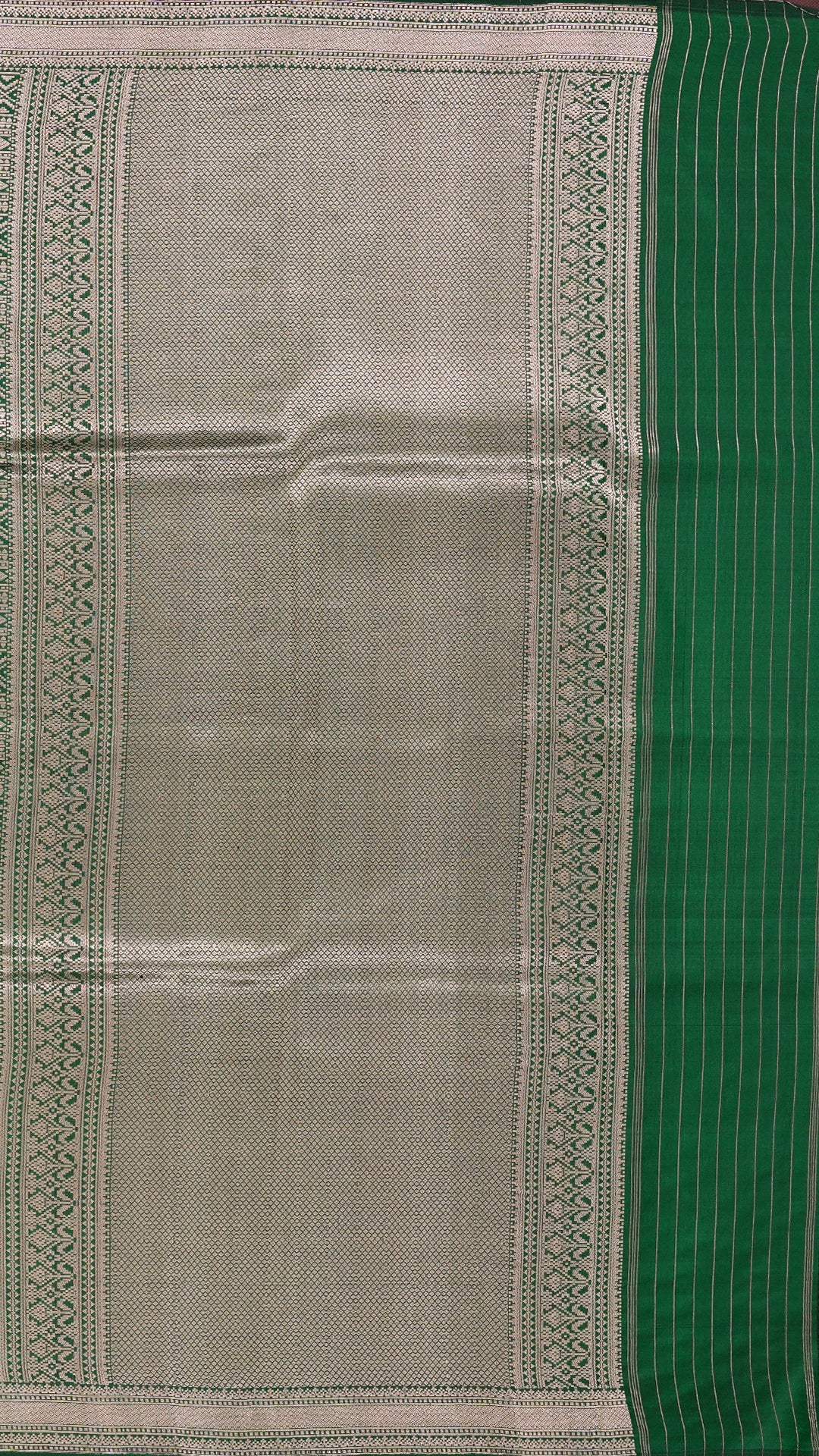 Bottle Green Banaras Saree with Small Silver Zari Border