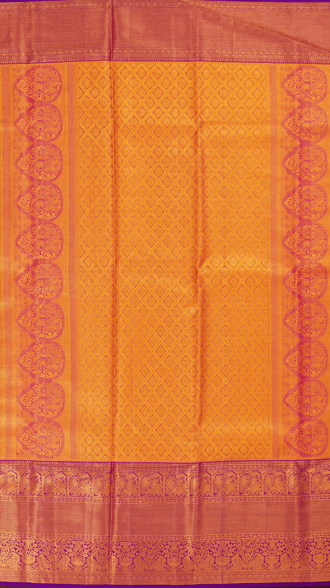 Golden Kanchi Pattu Silk Saree with Silver Zari and Purple Contrast Rich in Tradition