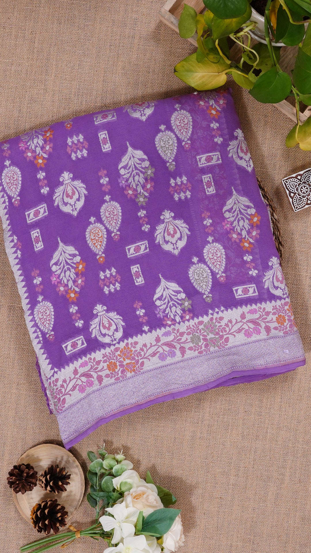 Purple Fancy Saree with Designer Silver Border & Buttas