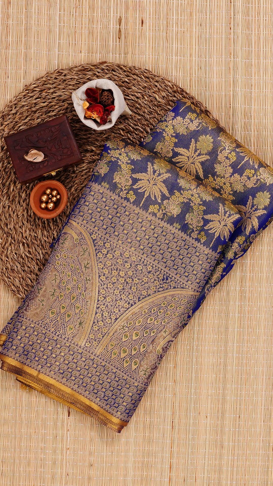Navy Blue Kanchipuram Saree with Meenakari Border