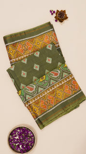 Olive Green Patola Silk Saree with Large Gold Contrast Zari Border