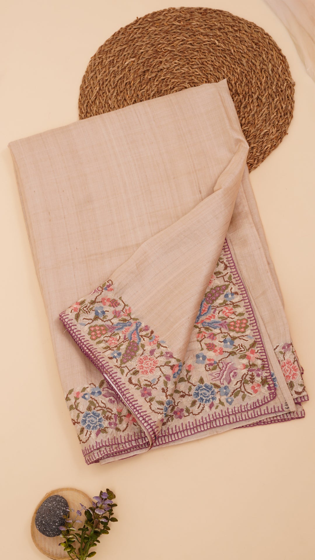 Plain Tusser Silk Saree with Petit Point Embroidery Work