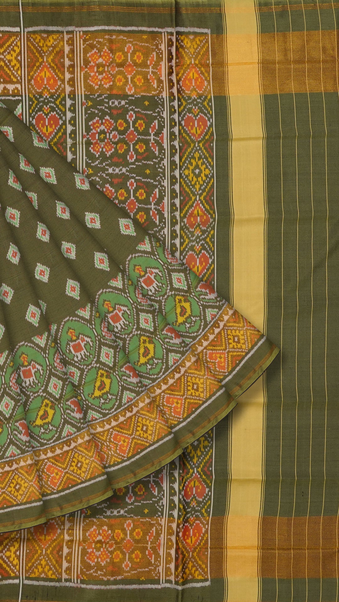 Olive Green Patola Silk Saree with Large Gold Contrast Zari Border