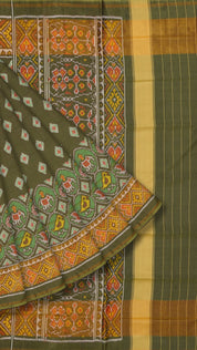 Olive Green Patola Silk Saree with Large Gold Contrast Zari Border