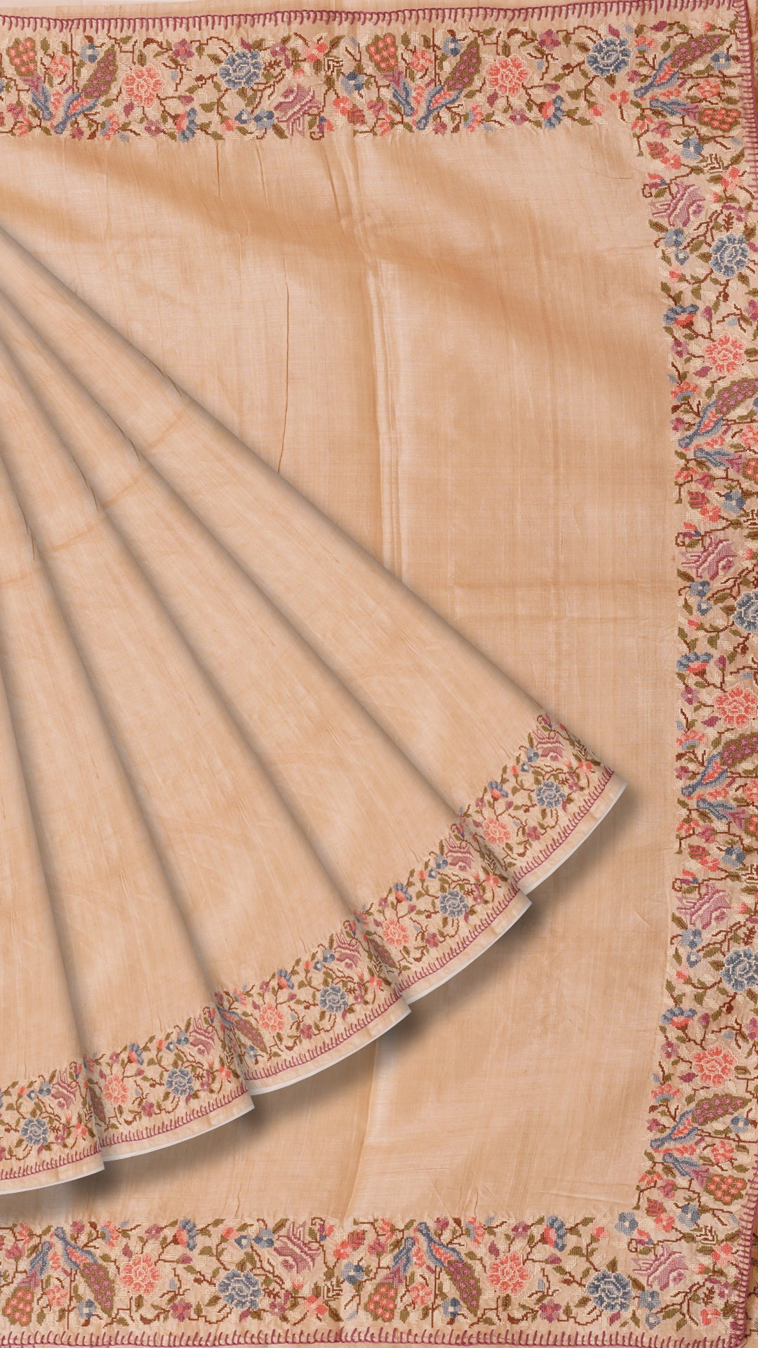Plain Tusser Silk Saree with Petit Point Embroidery Work