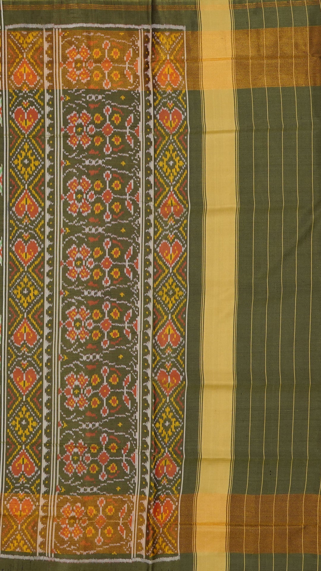 Olive Green Patola Silk Saree with Large Gold Contrast Zari Border