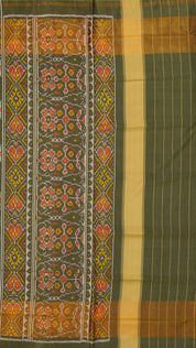 Olive Green Patola Silk Saree with Large Gold Contrast Zari Border