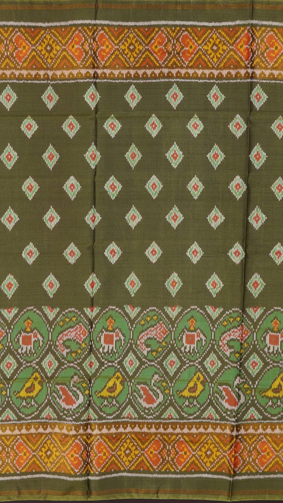 Olive Green Patola Silk Saree with Large Gold Contrast Zari Border