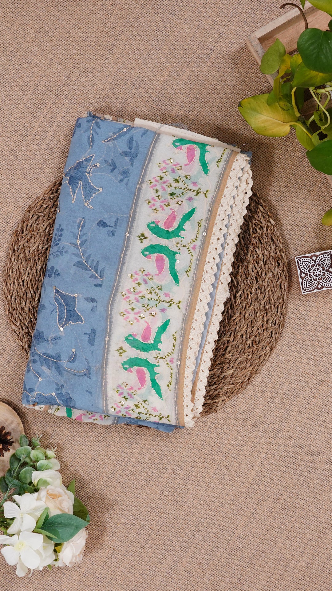 Grey Blue Fancy Saree with Trade Work and Off-White Border