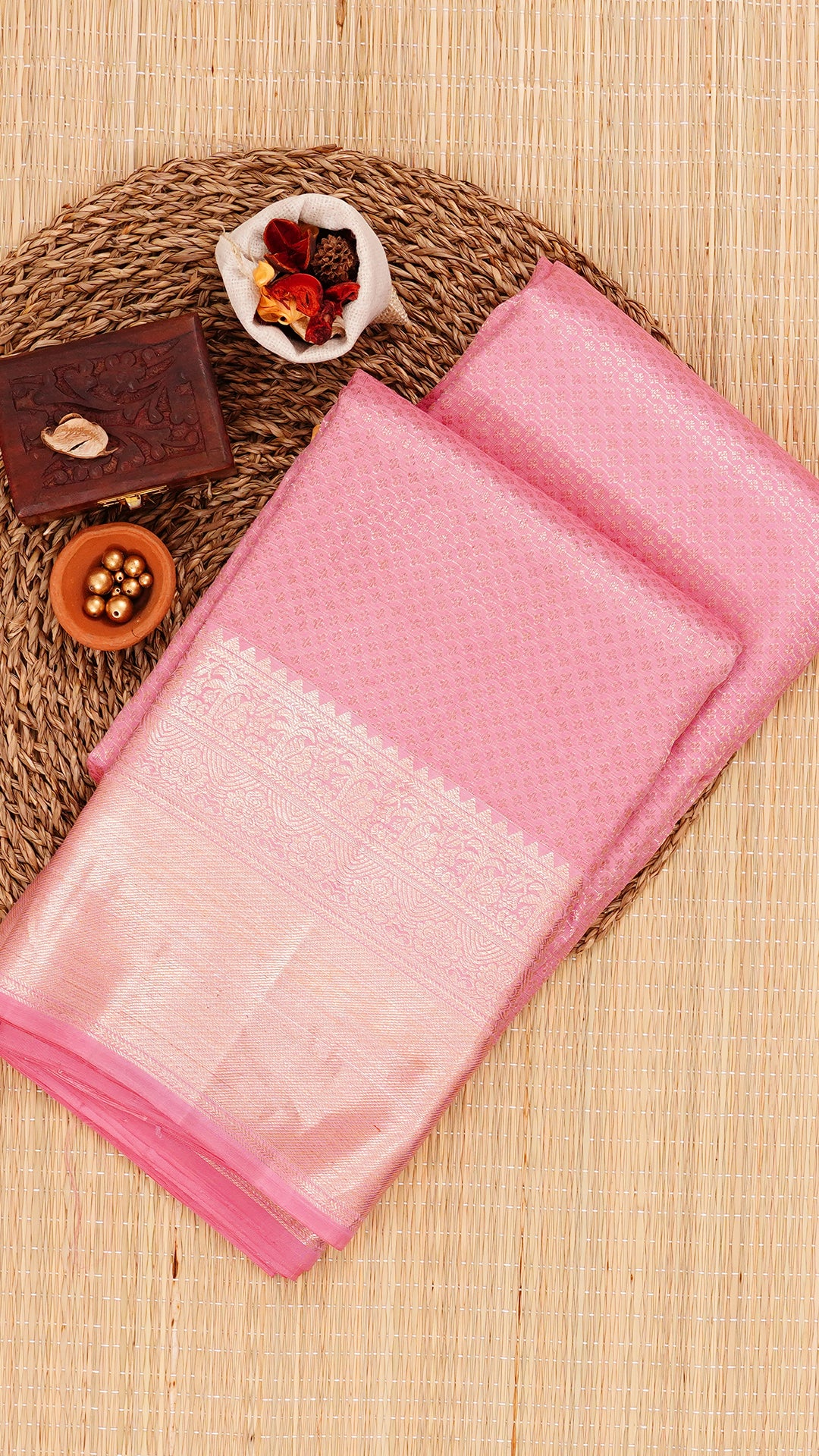 Baby Pink Kanchipuram Saree with Silver Zari Border