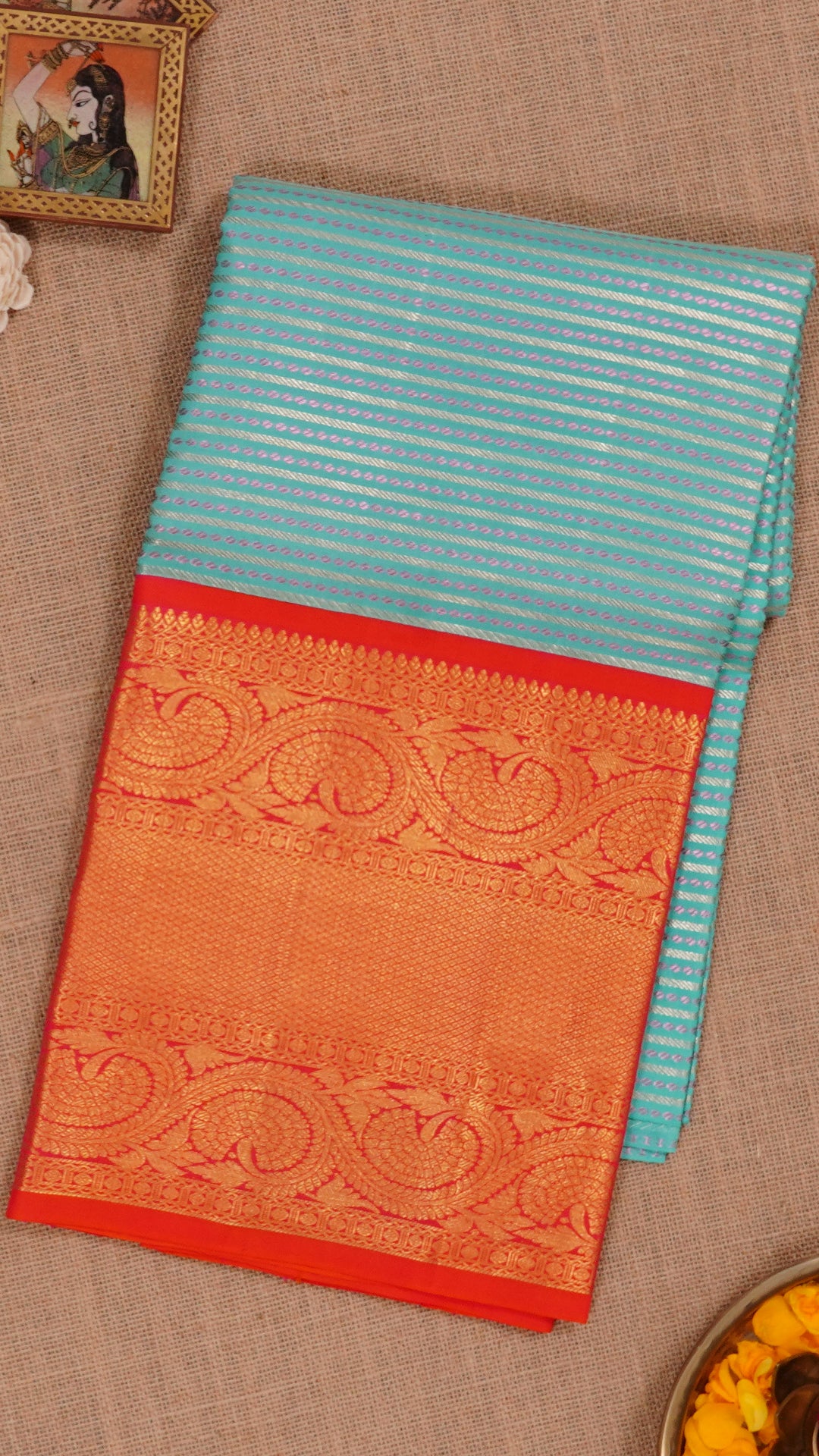Light Blue Silk Pavada with Silver and Copper Line Design