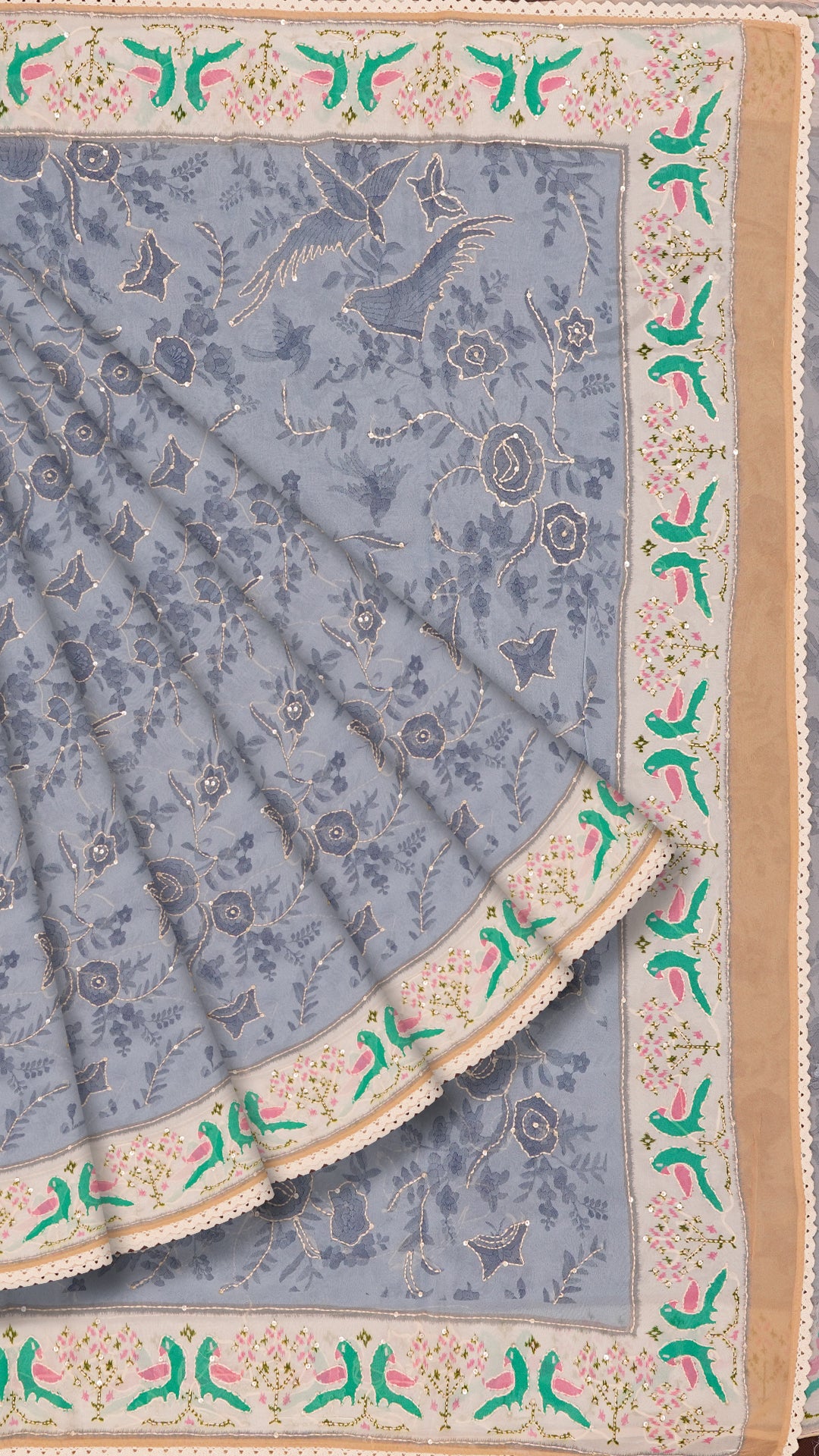 Grey Blue Fancy Saree with Trade Work and Off-White Border