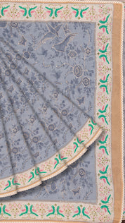 Grey Blue Fancy Saree with Trade Work and Off-White Border