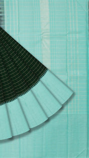Bottle Green Kanchipuram Saree with Stripes and Temple Border