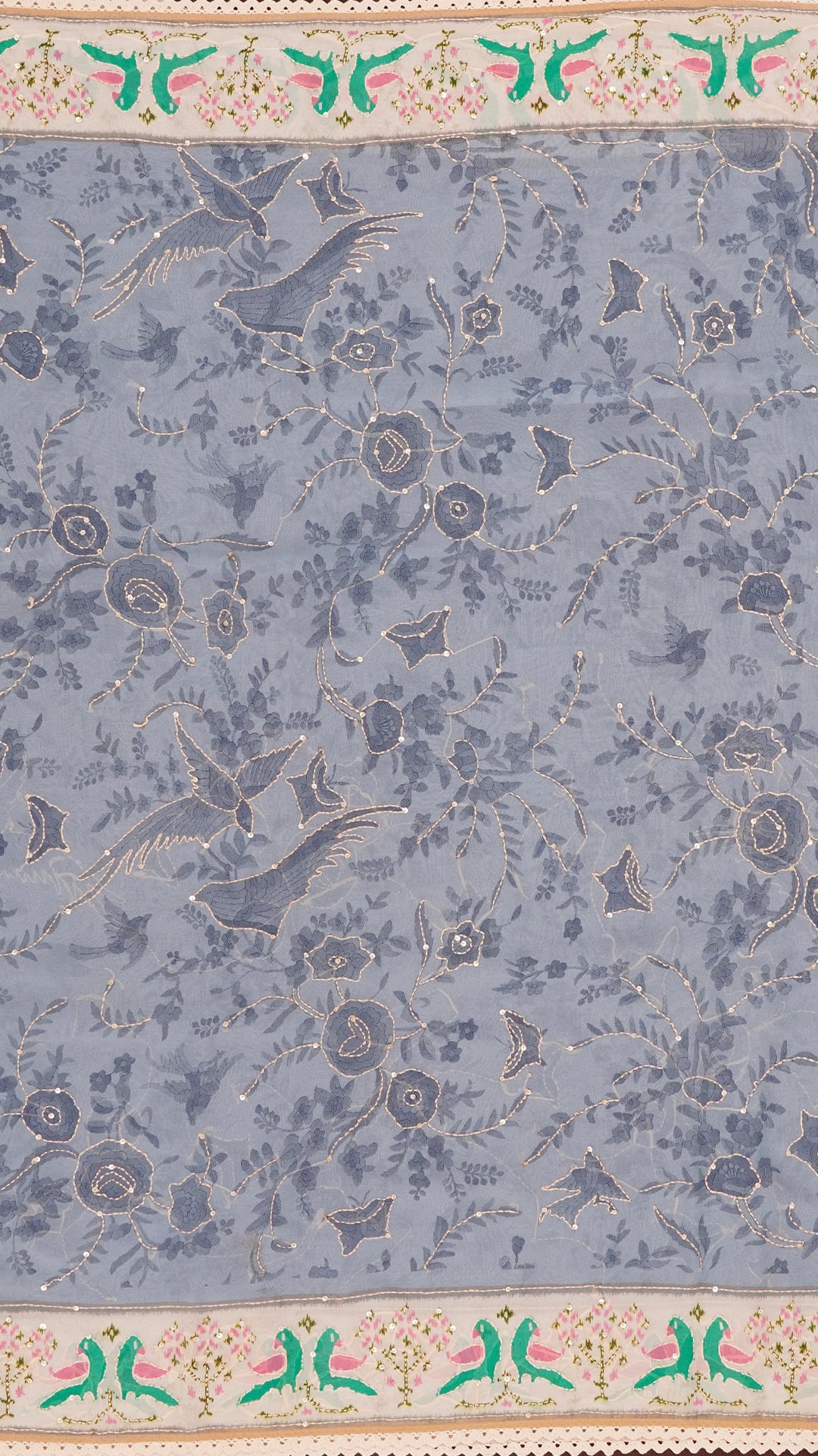 Grey Blue Fancy Saree with Trade Work and Off-White Border