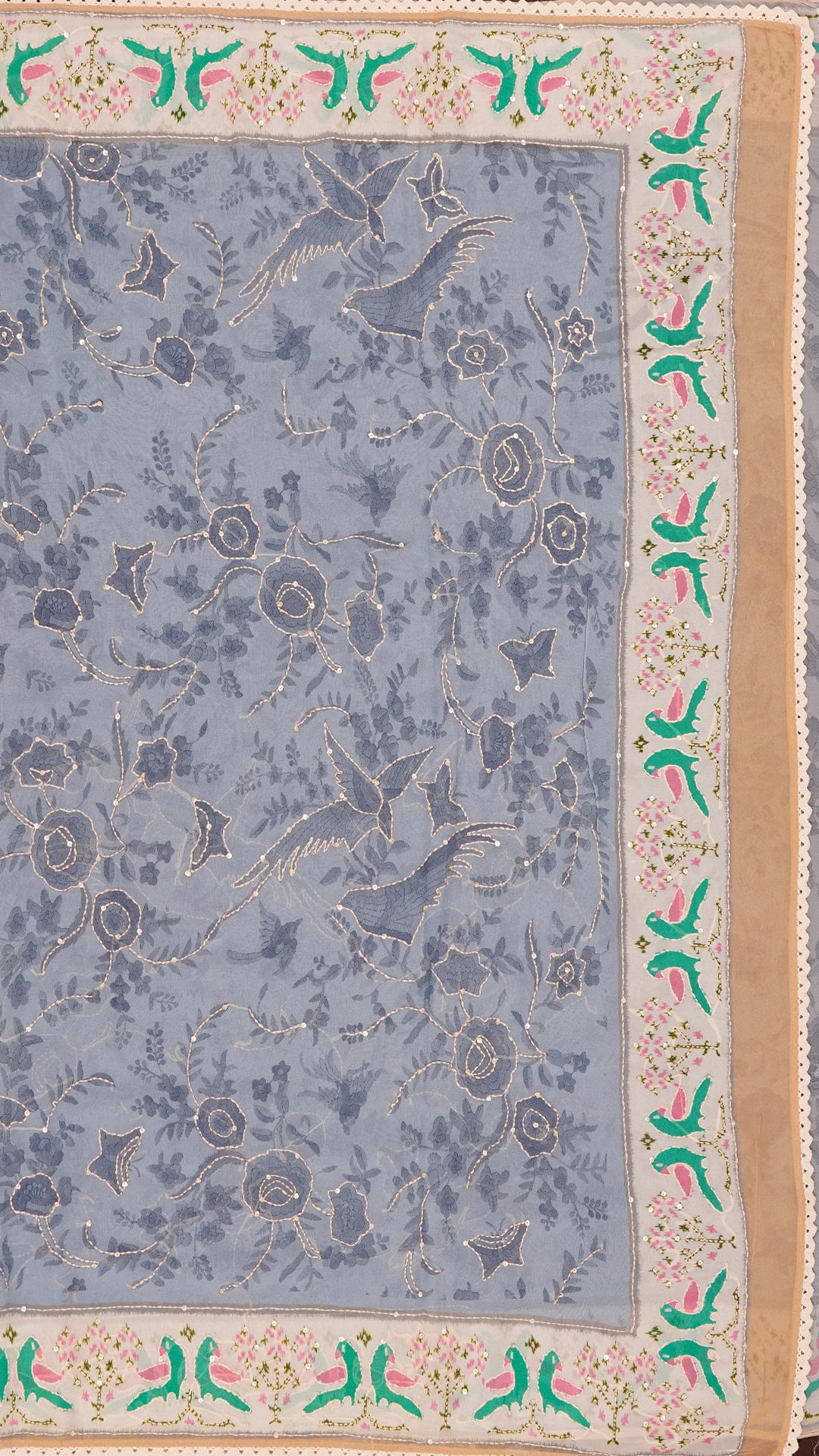 Grey Blue Fancy Saree with Trade Work and Off-White Border