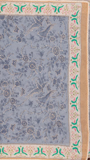 Grey Blue Fancy Saree with Trade Work and Off-White Border