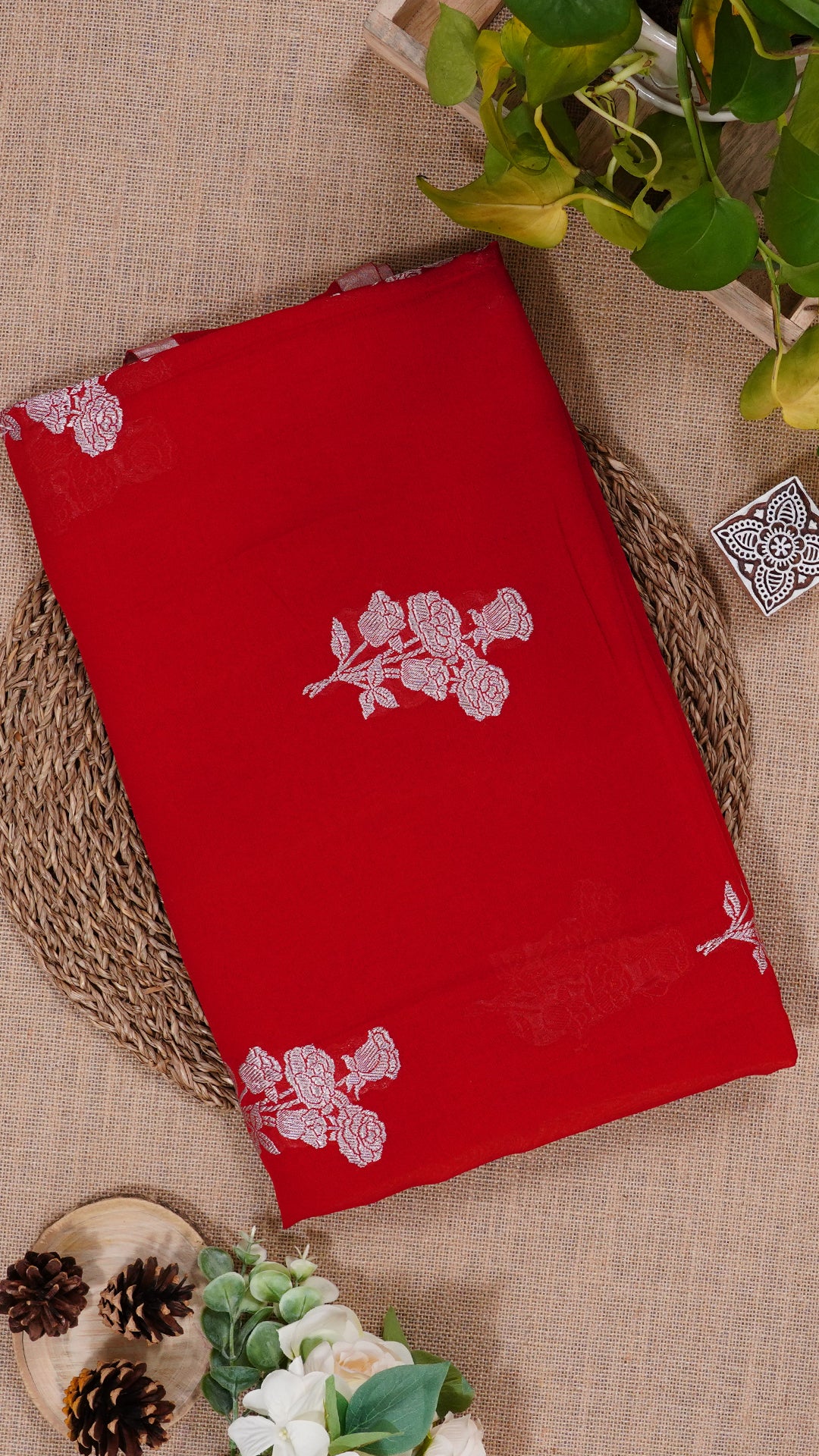 Red Fancy Silk Saree with Silver Butta and Gold Khadi Border