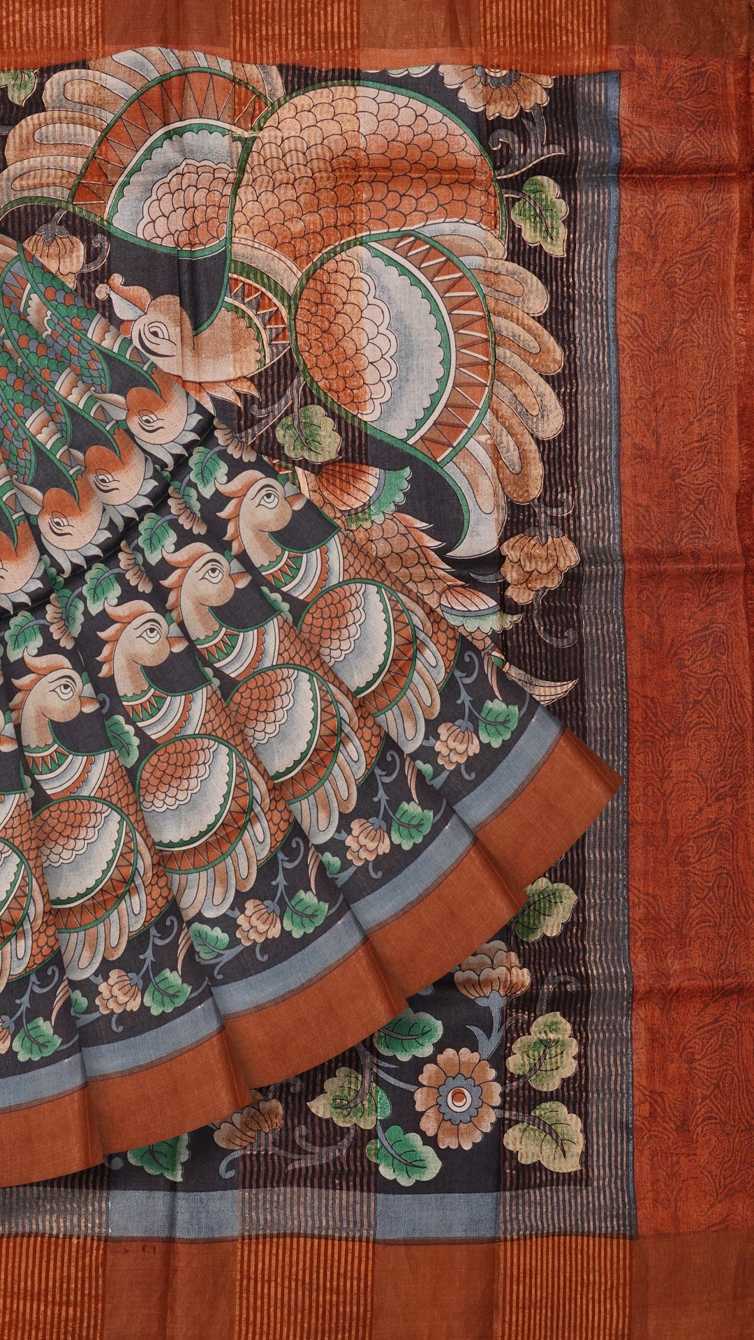 Navy Blue Tusser Silk Saree with Brown Copper Kadi Border
