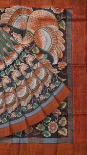 Navy Blue Tusser Silk Saree with Brown Copper Kadi Border