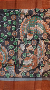 Navy Blue Tusser Silk Saree with Brown Copper Kadi Border