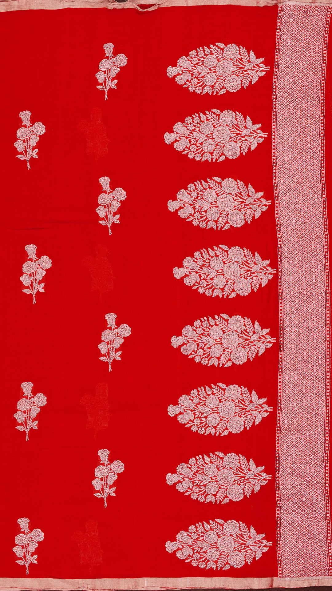 Red Fancy Silk Saree with Silver Butta and Gold Khadi Border