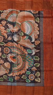 Navy Blue Tusser Silk Saree with Brown Copper Kadi Border