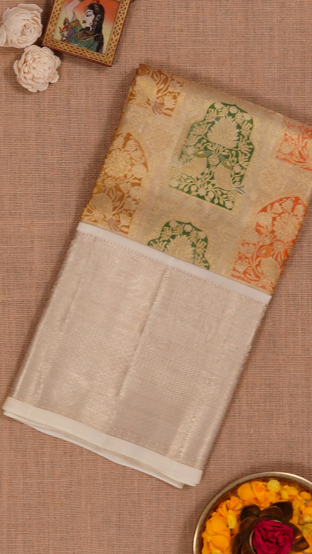 Cream Silk Pavada with Multi-Butta Design and Silver Accents