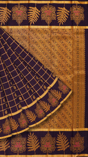 Dark Navy Blue Kanchipuram Saree with Floral Motifs